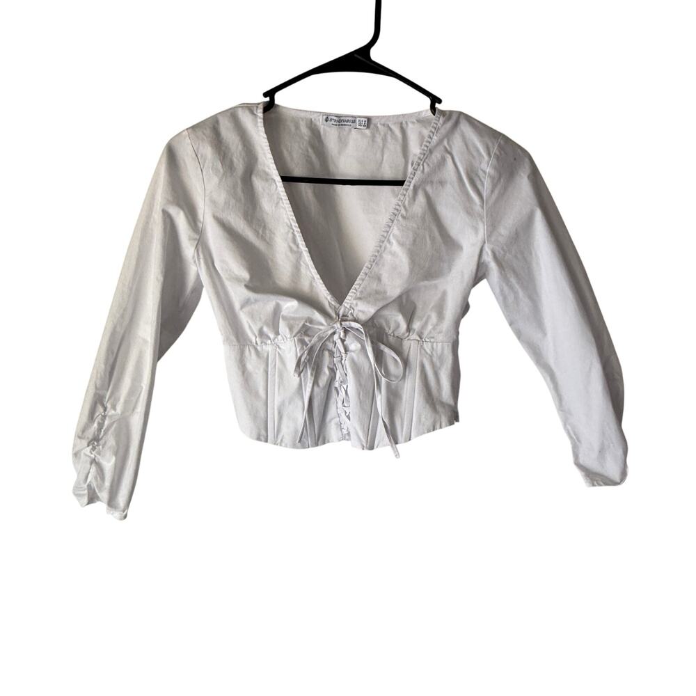 Stradivarius White Corset Tie Front Blouse Long‎ Sleeve Crop Top Size S